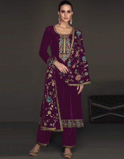 Designer Party Wear Velvet Salwar Suit Collection Purple Velvet Pant Straight Front View